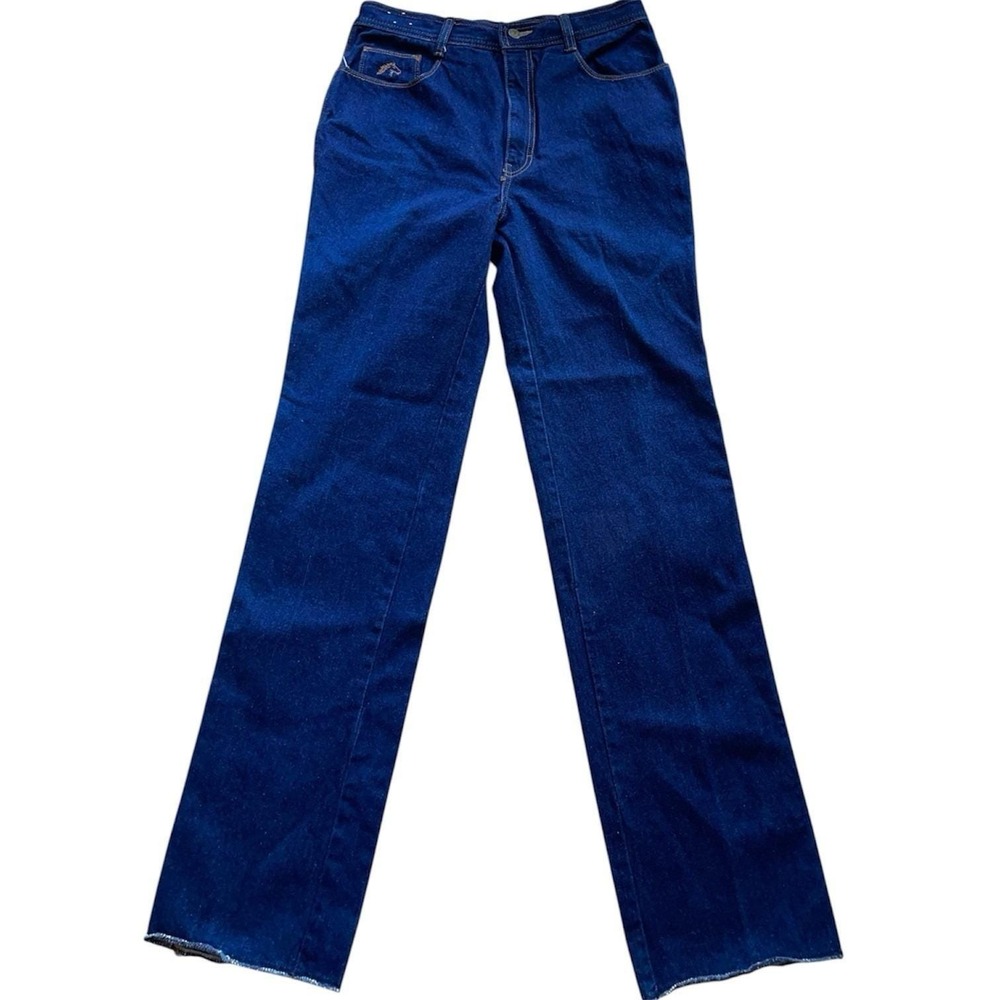 RARE LONG VTG 80s Jordache Denim Blue Jeans Horse Head Logo 34x36 Raw Hem Unisex